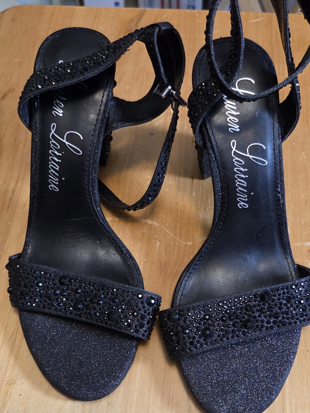 Lauren Lorraine Black Rhinestone Strappy Open-Toe Heels